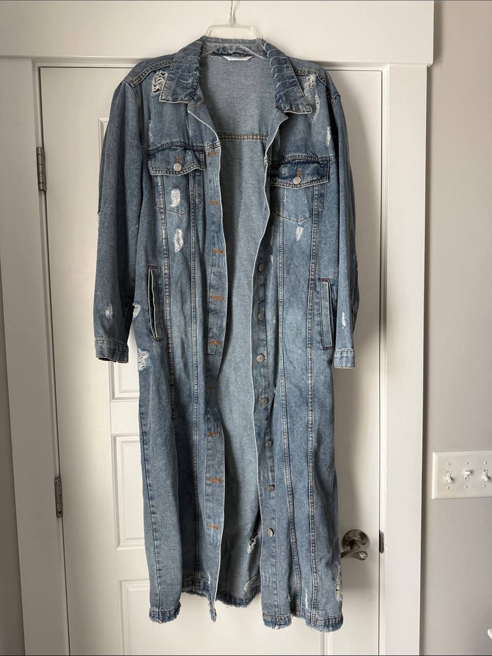 Highway Jeans Distressed Long Denim Coat - Light Blue